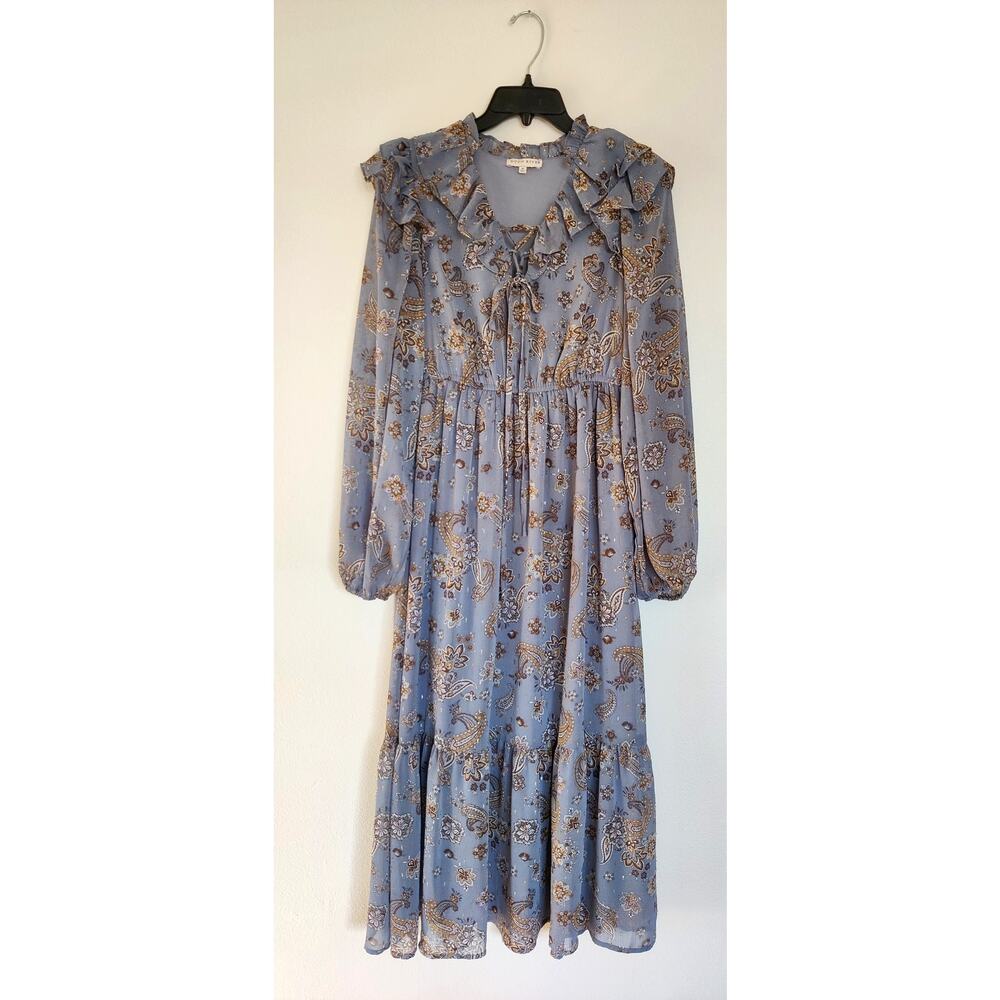 Moon River Chiffon Tiered Blue Paisley Floral Maxi Dress Size M Long Sleeve Boho